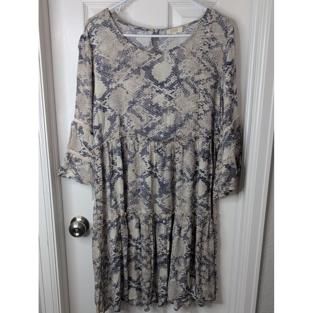 ODDY Rayon Lightweight Cream and Navy Snake-Print Midi Dress Size M